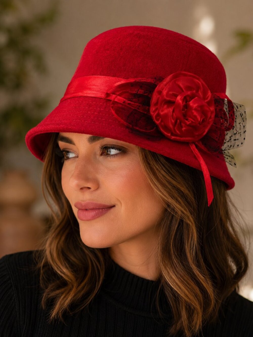 VINTAGE Red Wool Blend Cloche Bucket Hat Satin Rose Floral Accent Size M/L